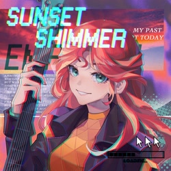 Size: 2362x2362 | Tagged: safe, artist:alice-x, part of a set, sunset shimmer, human, equestria girls, my past is not today, anaglyph 3d, electric guitar, equestria music festival, female, guitar, looking at you, lyrics, mouse cursor, musical instrument, progress bar, solo, text