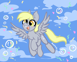 Size: 1605x1311 | Tagged: safe, artist:nootaz, derpy hooves, pegasus, pony, g4, blushing, bubble, cloud, cute, derpabetes, female, flying, heart, mare, open mouth, open smile, smiling, solo, spread wings, wings