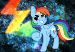 Size: 2127x1470 | Tagged: safe, artist:nootaz, rainbow dash, pegasus, pony, g4, abstract background, backwards cutie mark, female, mare, smiling, solo