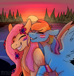 Size: 752x771 | Tagged: safe, artist:kattylender, fluttershy, rainbow dash, pegasus, pony, g4, eyes closed, face paint, female, flower, flower in hair, grin, lake, lesbian, mare, pride, pride flag, ship:flutterdash, shipping, smiling, sunset, water