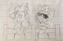Size: 2048x1338 | Tagged: safe, artist:pink-pone, apple bloom, babs seed, earth pony, pony, g4, cousins, eyepatch, female, fence, filly, foal, lined paper, sketch, traditional art