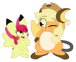 Size: 2048x1664 | Tagged: safe, artist:animatroniclovingsylveon, apple bloom, applejack, pikachu, raichu, g4, eye clipping through hair, female, grin, one eye closed, open mouth, open smile, pikabloom, pokefied, pokémon, race swap, siblings, simple background, sisters, smiling, transparent background, voice actor joke, wink