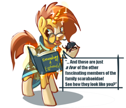 Size: 1238x1065 | Tagged: safe, artist:applepost67, sunburst, beetle, insect, pony, unicorn, g4, book, clothes, colored, dialogue, glowing, glowing horn, horn, magic, male, simple background, solo, stallion, telekinesis, text, white background