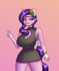 Size: 1500x1800 | Tagged: safe, artist:zachc, pipp petals, pegasus, anthro, g5, big breasts, boob window, breasts, busty pipp petals, cleavage, clothes, curvy, dress, female, gradient background, headband, hourglass figure, huge breasts, jewelry, peace sign, solo, tongue out