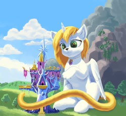 Size: 1400x1291 | Tagged: safe, artist:escapist, oc, oc:silent harmony, cat, cat pony, original species, pony, belly, detailed background, female, giant pony, giantess, long tail, macro, partially open wings, solo focus, tail, twilight's castle, wings