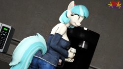 Size: 3840x2160 | Tagged: safe, artist:marianokun, coco pommel, earth pony, anthro, g4, 3d, ass, butt, clothes, coffee, denim, female, grabbing, happy, high res, jeans, pants, smiling, solo, source filmmaker