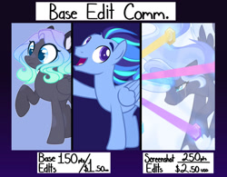 Size: 1024x797 | Tagged: safe, artist:purplegrim40, oc, oc only, pegasus, pony, unicorn, advertisement, base used, commission info, female, horn, male, mare, pegasus oc, smiling, stallion, unicorn oc