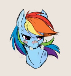 Size: 1656x1784 | Tagged: dead source, safe, artist:nettlemoth, rainbow dash, pony, g4, bandaid, bandaid on nose, bust, horses doing horse things, portrait, scuff mark, simple background, sketch, snorting, solo, sweat