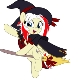 Size: 4585x5000 | Tagged: safe, artist:jhayarr23, oc, oc only, oc:redsun, pegasus, broom, cape, clothes, commission, costume, female, flying, flying broomstick, halloween, hat, holiday, simple background, solo, transparent background, witch hat, ych result