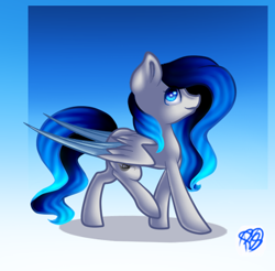 Size: 477x470 | Tagged: safe, artist:prettyshinegp, oc, oc only, bat pony, pony, abstract background, bat pony oc, bat wings, female, mare, signature, smiling, solo, wings