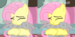 Size: 659x330 | Tagged: safe, color edit, edit, edited screencap, editor:cutiesparke, screencap, fluttershy, pegasus, pony, rabbit, g4, interseason shorts, teacher of the month (episode), animal, animated, colored, comparison, cute, female, gif, hug, mare, nuzzling, shyabetes, smiling, style emulation