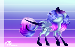 Size: 1663x1045 | Tagged: safe, artist:prettyshinegp, oc, oc only, alicorn, pony, abstract background, alicorn oc, female, horn, looking back, mare, signature, solo, unshorn fetlocks, wings