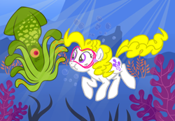 Size: 1300x900 | Tagged: safe, artist:sketchyjackie, edit, surprise, earth pony, pony, squid, g1, g4, 1000 hours in ms paint, adoraprise, bubble, coral, cute, dive mask, diving, earth pony surprise, female, g1 to g4, generation leap, goggles, mare, ms paint, ocean, race swap, seaweed, underwater, underwater surprise, water