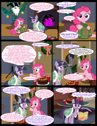 Size: 1042x1358 | Tagged: safe, artist:dendoctor, doctor whooves, mean twilight sparkle, pinkie pie, time turner, alicorn, earth pony, pegasus, pony, comic:clone.., g4, alcohol, alternate universe, bauble, black forest cake, blanket, blushing, cactus, cake, christmas, christmas lights, clone, clothes, comic, decoration, discord whooves, discorded whooves, drunk, female, fire, fireplace, folder, food, glass, glowing, glowing horn, hat, hearth's warming eve, holiday, horn, magic, male, mare, pinkie clone, santa beard, santa hat, stallion, sunglasses, sweater, telekinesis, the doctor, twilight sparkle (alicorn), wreath