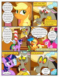 Size: 612x792 | Tagged: safe, artist:newbiespud, edit, edited screencap, screencap, applejack, discord, pinkie pie, rainbow dash, twilight sparkle, alicorn, draconequus, earth pony, pegasus, pony, comic:friendship is dragons, g4, what about discord?, comic, dialogue, dialogue in the description, eyelashes, female, freckles, hat, indoors, male, mare, raised hoof, screencap comic, twilight sparkle (alicorn)