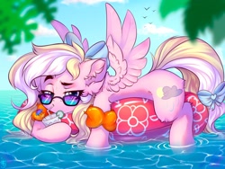 Size: 1600x1200 | Tagged: safe, artist:falafeljake, oc, oc only, oc:bay breeze, pegasus, pony, bow, cute, drink, ear fluff, eyebrows, female, floating, floaty, hair bow, inflatable, inner tube, looking at you, mare, pegasus oc, pool toy, raised eyebrow, solo, spread wings, tail, tail bow, water wings, wings
