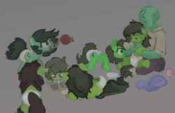 Size: 1694x1089 | Tagged: safe, artist:asdfasfasda, oc, oc:anon, oc:filly anon, earth pony, pony, blushing, bottle feeding, chalkboard, diaper, female, filly, foalsitting, gray background, group, holding a pony, mouth hold, non-baby in diaper, playing, rope, simple background, towel, toy