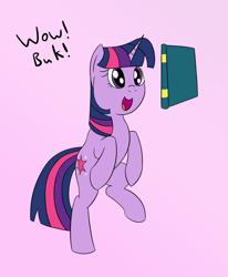 Size: 3291x4000 | Tagged: safe, artist:librarylonging, twilight sparkle, pony, unicorn, g4, book, open mouth, open smile, pink background, simple background, smiling, solo, text, that pony sure does love books, unicorn twilight