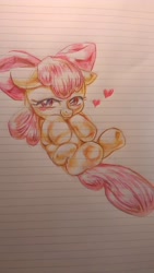 Size: 720x1280 | Tagged: safe, artist:nekubi, apple bloom, earth pony, pony, g4, adorabloom, blushing, cute, female, filly, foal, heart, lined paper, looking at you, lying down, on back, smiling, solo, traditional art