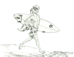 Size: 1500x1161 | Tagged: safe, artist:baron engel, sandbar, earth pony, anthro, unguligrade anthro, g4, beach, colored hooves, grayscale, male, male nipples, monochrome, nipples, pencil drawing, solo, stupid sexy sandbar, surfboard, swimming trunks, swimsuit, traditional art