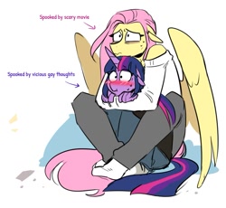 Size: 861x793 | Tagged: safe, artist:redxbacon, fluttershy, twilight sparkle, pegasus, unicorn, anthro, blushing, clothes, female, height difference, hug, lesbian, scared, shipping, size difference, socks, sweat, sweatdrops, tallershy, this will end in snu snu, twishy