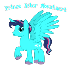 Size: 2222x2077 | Tagged: source needed, safe, anonymous artist, oc, oc only, oc:prince aster novaheart, alicorn, pony, fanfic:cat's cradle, g4, alicorn oc, closed mouth, cutie mark, eyebrows, eyes open, happy, high res, horn, looking at you, male, name, nostrils, offspring, parent:oc:prince nova sparkle, parent:princess flurry heart, parents:canon x oc, prince, product of incest, raised hoof, royalty, shakespearicles, show accurate, simple background, smiling, solo, spread wings, stallion, text, transparent background, vector, wings