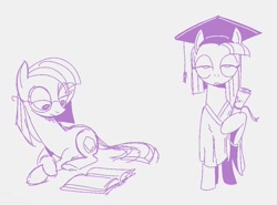 Size: 976x722 | Tagged: safe, artist:mellodillo, maud pie, earth pony, pony, g4, book, clothes, diploma, female, glasses, graduation cap, hat, hoof hold, mare, monochrome, reading, robe, rocktorate, simple background, solo, white background