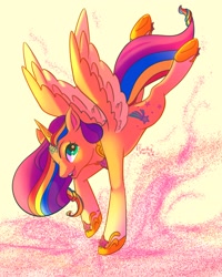 Size: 1638x2048 | Tagged: safe, artist:erieillustrates, sunny starscout, alicorn, pony, g5, my little pony: a new generation, spoiler:g5, female, flying, hoof shoes, horn, mare, race swap, solo, sparkles, spread wings, sunnycorn, wings