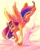 Size: 1638x2048 | Tagged: safe, artist:erieillustrates, sunny starscout, alicorn, pony, g5, my little pony: a new generation, spoiler:g5, female, flying, hoof shoes, horn, mare, race swap, solo, sparkles, spread wings, sunnycorn, wings