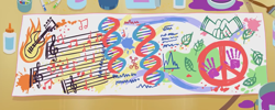 Size: 1971x786 | Tagged: safe, edit, edited screencap, screencap, human, a banner day, equestria girls, g4, banner, dna, glue, guitar, hand, leaves, music notes, musical instrument, paint, panorama, peace symbol