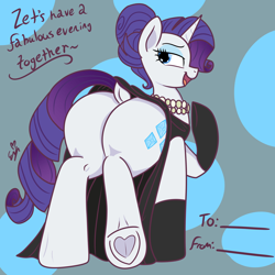 Size: 3000x3000 | Tagged: safe, artist:erynerikard, rarity, pony, unicorn, g4, bedroom eyes, butt, clothes, dock, dress, evening gloves, female, frog (hoof), gloves, heart, heart eyes, hearts and hooves day, high res, hoof heart, jewelry, long gloves, looking back, mare, necklace, open mouth, open smile, plot, presenting, raised leg, rear view, rearity, smiling, solo, tail, the ass was fat, underhoof, valentine's day card, wingding eyes