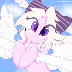 Size: 1280x1280 | Tagged: safe, artist:memengla, oc, oc:pink butterfly, pegasus, pony, braided ponytail, cloud, cute, eye clipping through hair, female, looking at you, mare, solo