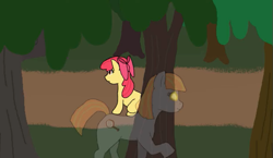 Size: 657x380 | Tagged: safe, artist:fangasmic, apple bloom, oc, oc:ruby, oc:ruby (story of the blanks), earth pony, ghost, ghost pony, pony, story of the blanks, g4, bow, everfree forest, female, forest, glowing, glowing eyes, hair bow, mare, raised hoof, sitting, smiling, tree, youtube link