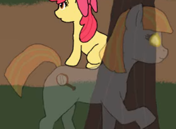 Size: 292x215 | Tagged: safe, artist:fangasmic, edit, apple bloom, oc, oc:ruby, oc:ruby (story of the blanks), earth pony, ghost, ghost pony, pony, story of the blanks, g4, bow, cropped, everfree forest, female, filly, foal, forest, glowing, glowing eyes, hair bow, mare, raised hoof, sitting, tree, youtube link