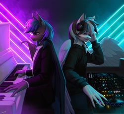 Size: 2560x2348 | Tagged: dead source, safe, artist:miurimau, oc, oc only, oc:nocturne star, bat pony, pegasus, anthro, bat pony oc, duo, headphones, high res, musical instrument, neon, pegasus oc, piano, turntable