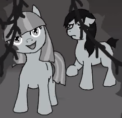 Size: 242x234 | Tagged: safe, artist:fangasmic, edit, oc, oc only, oc:mitta, oc:ruby, oc:ruby (story of the blanks), earth pony, pony, story of the blanks, black and white, cropped, everfree forest, female, flashback, floppy ears, grayscale, mare, monochrome, raised hoof, sad, smiling, youtube link