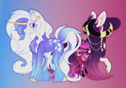 Size: 3463x2438 | Tagged: safe, artist:faunahoof, derpibooru exclusive, oc, oc only, oc:blizzard solstice, oc:tyrian eventide, earth pony, pony, unicorn, colored hooves, curled horns, curling horn, duo, duo female, ear fluff, ear piercing, earring, earth pony oc, facing away, female, goat horns, gold hooves, gradient background, gradient mane, hair over one eye, high res, hooves, horn, horns, jewelry, leopard print, lipstick, long mane, long tail, looking at you, piercing, regalia, siblings, sisters, stripes, tiger stripes, unicorn oc, unshorn fetlocks, yellow eyes, yellow sclera