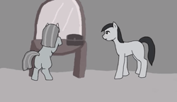Size: 659x380 | Tagged: safe, artist:fangasmic, oc, oc only, oc:roneo, oc:ruby, oc:ruby (story of the blanks), earth pony, pony, story of the blanks, black and white, butt, chest, female, flashback, grayscale, male, mare, mirror, monochrome, plot, stallion, youtube link