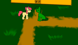 Size: 656x380 | Tagged: safe, artist:fangasmic, apple bloom, oc, oc:three leaf, earth pony, pony, story of the blanks, g4, blank flank, bow, door, eyes closed, female, filly, foal, grass, hair bow, house, mare, path, sitting, smiling, sunny town, youtube link