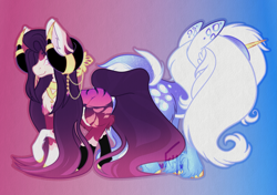 Size: 3463x2438 | Tagged: safe, artist:faunahoof, derpibooru exclusive, oc, oc:blizzard solstice, oc:tyrian eventide, earth pony, pony, unicorn, colored hooves, curled horns, duo, duo female, ear fluff, ear piercing, earring, earth pony oc, facing away, female, goat horns, gold hooves, gradient background, gradient mane, high res, hooves, horn, horns, jewelry, leopard print, lipstick, long mane, long tail, looking at you, piercing, regalia, siblings, sisters, stripes, tail, tiger stripes, unicorn oc, unshorn fetlocks
