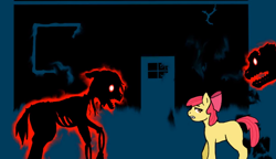 Size: 660x380 | Tagged: safe, artist:fangasmic, apple bloom, oc, oc:gladstone, oc:three leaf, earth pony, pony, undead, zombie, zombie pony, story of the blanks, g4, bone, bow, door, female, filly, foal, glowing, hair bow, house, looking back, male, night, red eyes, scared, skeleton, stallion, sunny town, window, youtube link