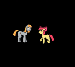 Size: 424x380 | Tagged: safe, artist:fangasmic, apple bloom, oc, oc:ruby, oc:ruby (story of the blanks), earth pony, ghost, ghost pony, pony, story of the blanks, g4, black background, bow, darkness, female, filly, floppy ears, foal, hair bow, mare, raised hoof, simple background, smiling, yellow eyes, youtube link