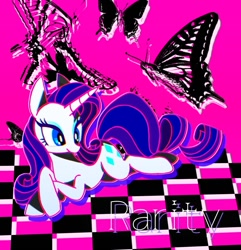 Size: 866x900 | Tagged: safe, artist:stacy_165cut, rarity, butterfly, pony, unicorn, g4, female, horn, lying down, mare, pink background, prone, simple background, solo
