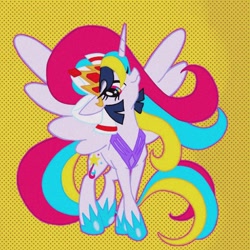 Size: 950x950 | Tagged: safe, artist:stacy_165cut, oc, oc only, alicorn, pony, female, horn, looking at you, mare, simple background, solo, spread wings, wings, yellow background