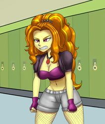 Size: 1600x1900 | Tagged: safe, artist:zachc, adagio dazzle, human, equestria girls, angry, belly button, breasts, canterlot high, cleavage, clothes, commission, commissioner:iv's, denim, denim shorts, female, fingerless gloves, fishnets, gem, gloves, lockers, shorts, siren gem, solo