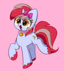 Size: 2875x3188 | Tagged: safe, artist:kittyrosie, oc, oc only, oc:cinnamon lightning, pony, unicorn, bell, bell collar, collar, cute, eyelashes, female, high res, mare, ocbetes, open mouth, pink background, simple background, solo, unshorn fetlocks