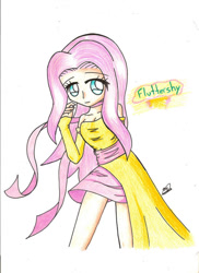 Size: 873x1200 | Tagged: safe, artist:maresukemarth, fluttershy, human, g4, 2012, female, humanized, simple background, solo, traditional art, white background