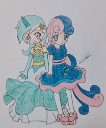 Size: 748x900 | Tagged: safe, artist:maresukemarth, bon bon, lyra heartstrings, sweetie drops, human, g4, 2012, duo, duo female, female, humanized, simple background, traditional art, white background