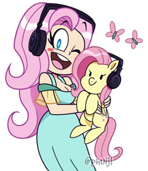 Size: 600x691 | Tagged: safe, artist:phuijl, kotobukiya, fluttershy, human, pegasus, pony, g4, 2021, breasts, busty fluttershy, cleavage, commission, female, flutterchan, headphones, holding a pony, human ponidox, humanized, kotobukiya fluttershy, looking at you, mare, one eye closed, open mouth, open smile, self paradox, self ponidox, simple background, smiling, white background, wink, winking at you
