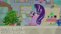 Size: 1280x720 | Tagged: safe, edit, edited screencap, editor:quoterific, screencap, phyllis, starlight glimmer, pony, unicorn, a horse shoe-in, g4, season 9, duo, female, magic, mare, open mouth, open smile, school of friendship, smiling, starlight's office, telekinesis, text